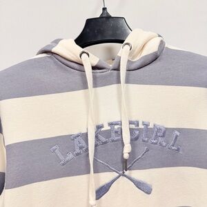 Lakegirl Gray & Cream Striped Hoodie Sweatshirt Small – Cozy Nautical Pullover S
